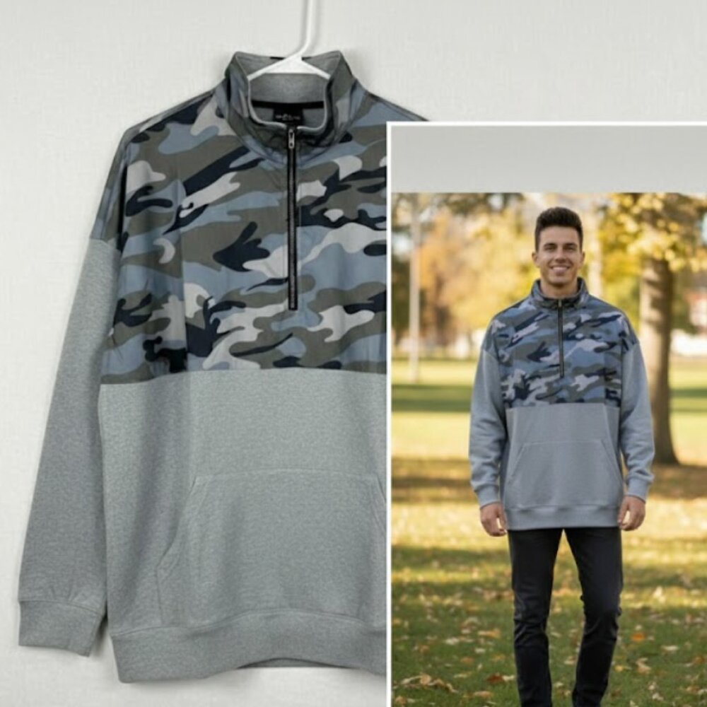 LAST ONE!!!  MEDIUM Half zip mock neck pocket sweatshirt gray camouflage